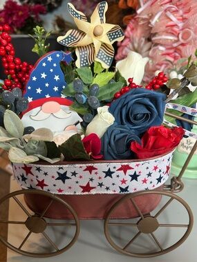 Hand Crafted Patriotic Floral Wagon - Red, Blue, White